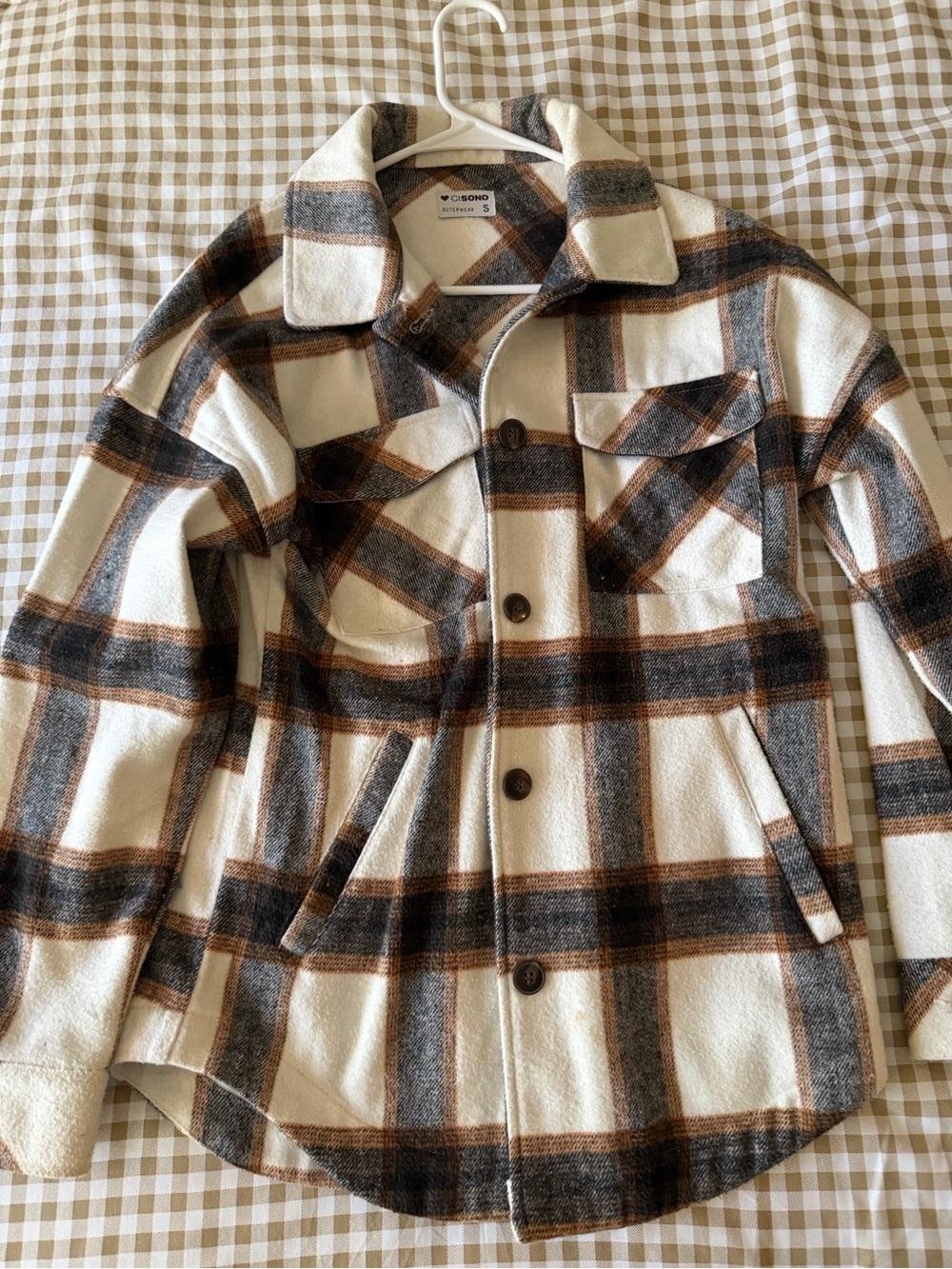 Cream Plaid Button-Up Shacket - Women